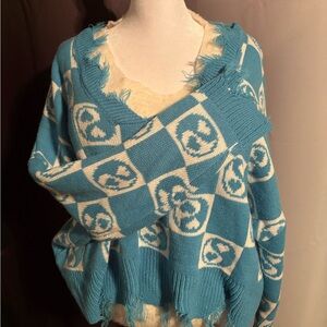 Rue21 Blue and White V-Neck Sweater with Heart yin and yang symbols